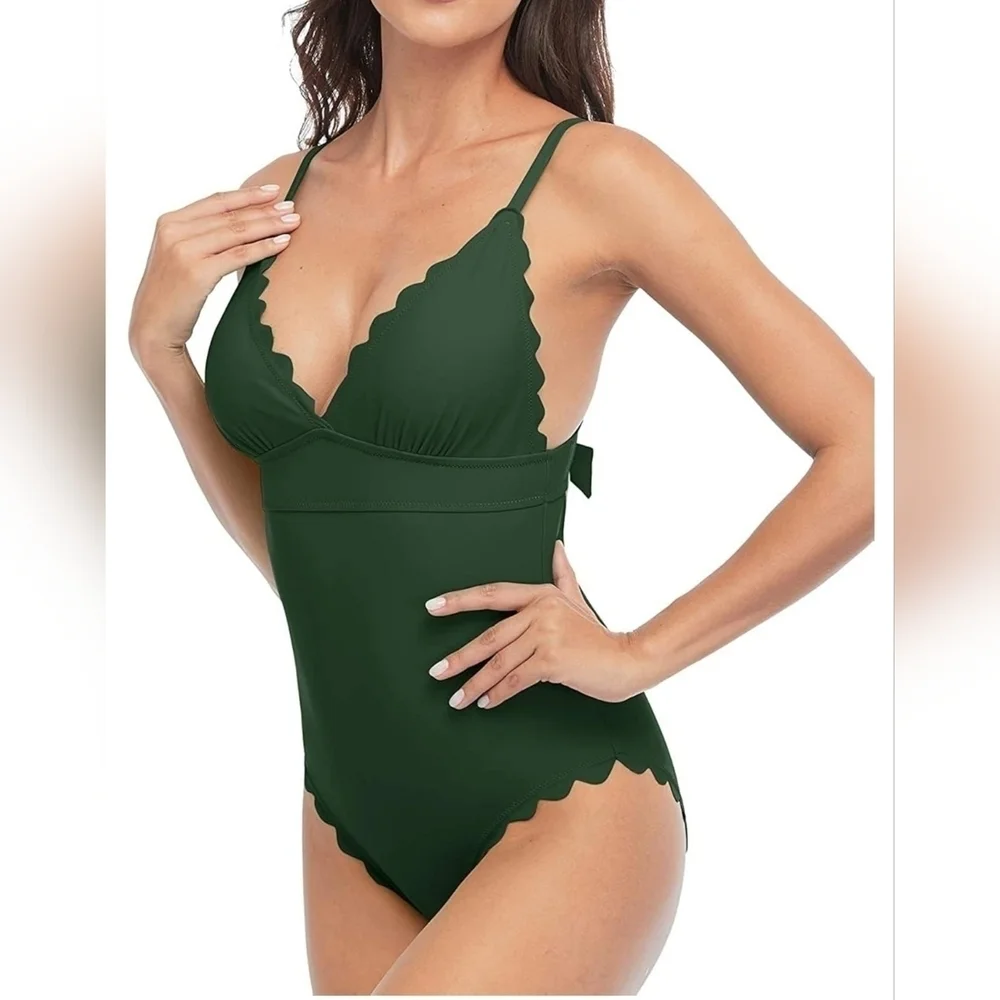 Women High Cut One Piece Swimsuit Scalloped Padded Swimwear Backless Bathingsuit
